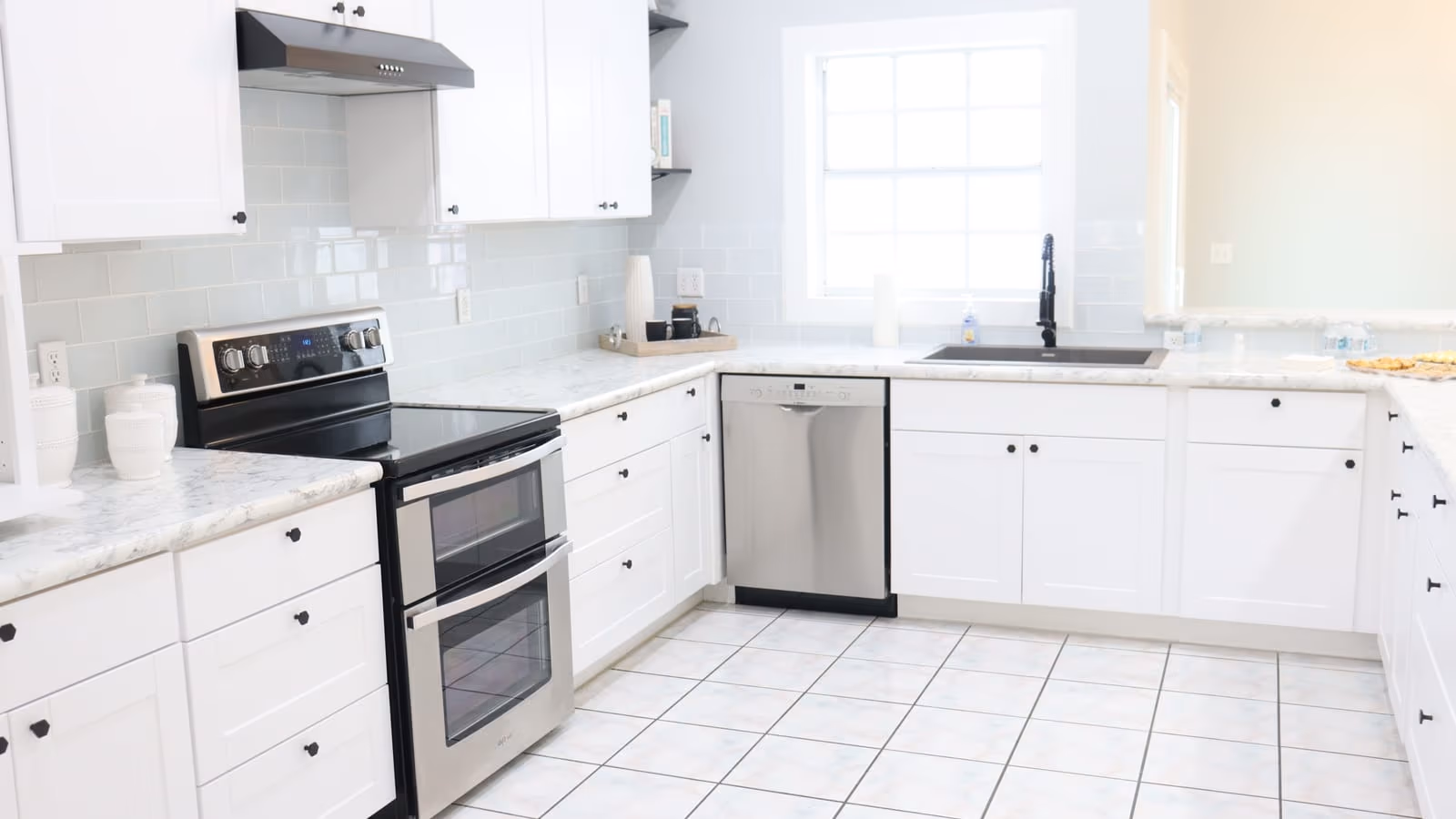 Bright white kitchen filled with natural light